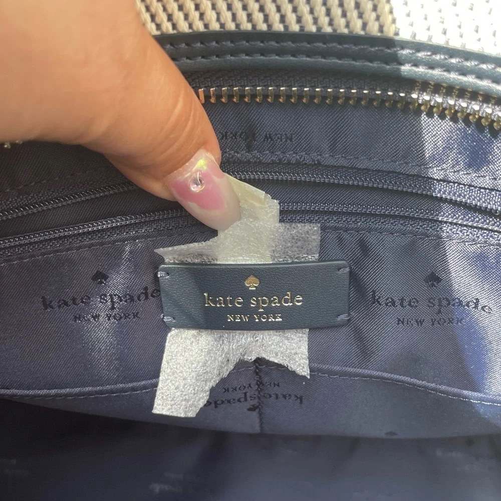 kate spade Beige Canvas Tote with Navy Trim and Yellow Accent Pom Poms